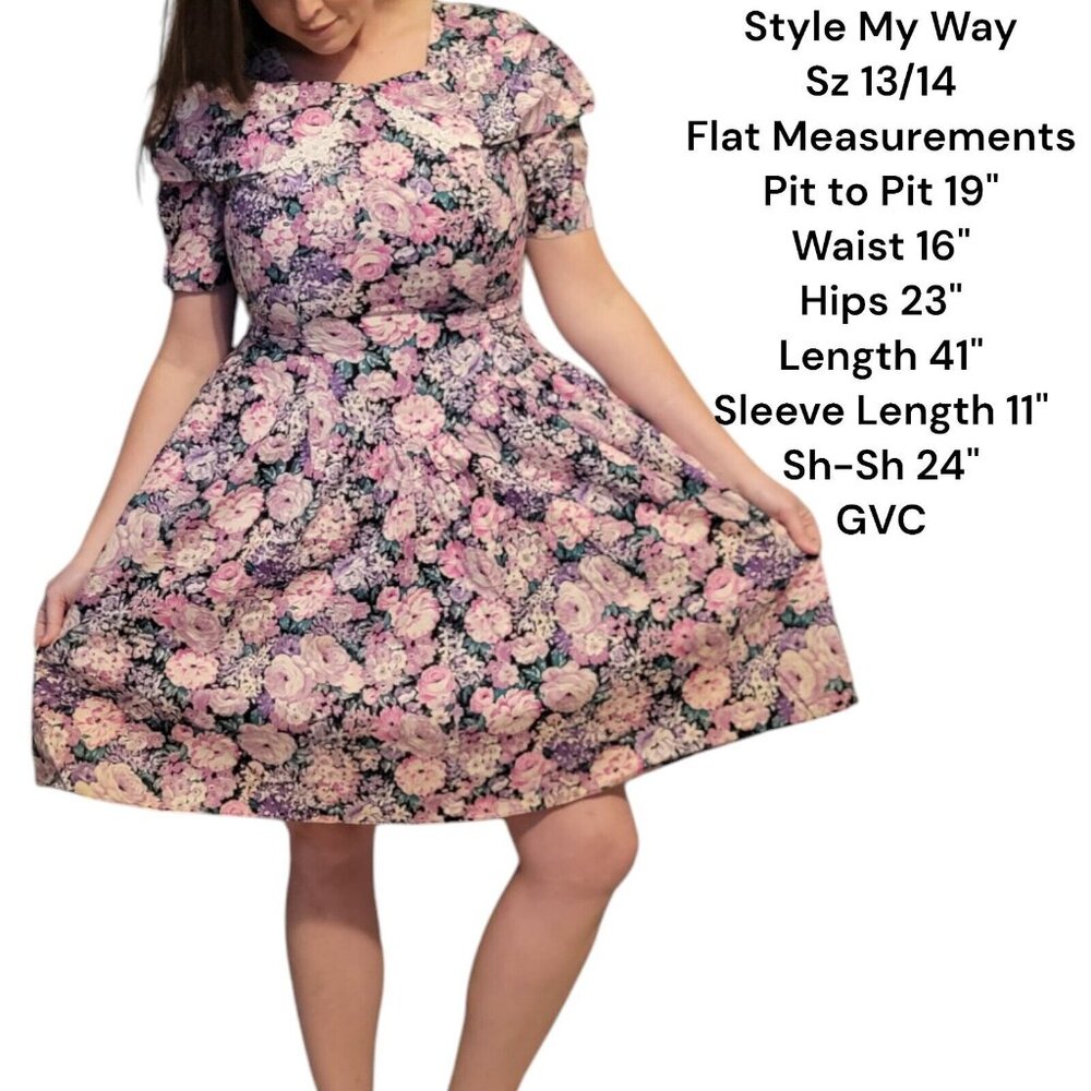 Vintage Cottagecore M/L 80s Floral Puff Sleeve Fit & Flare Midi Dress 13/14
